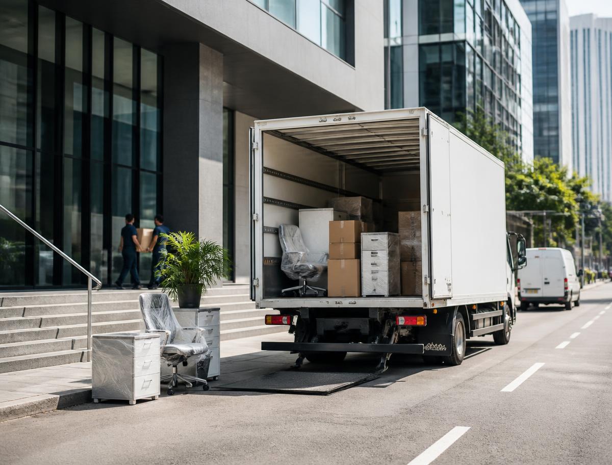 Mudança comercial com caminhão branco e móveis de escritório