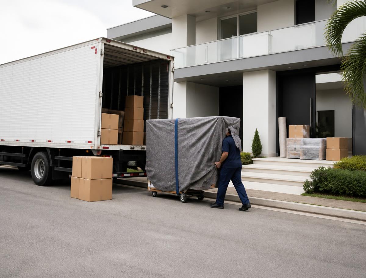Mudança residencial com caminhão e móveis protegidos